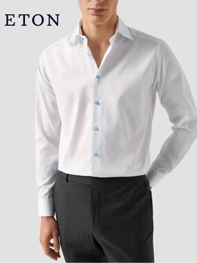Eton Solid Signature Twill White Shirt w Blue Accent Buttons Sz M ( 15 1/2 )